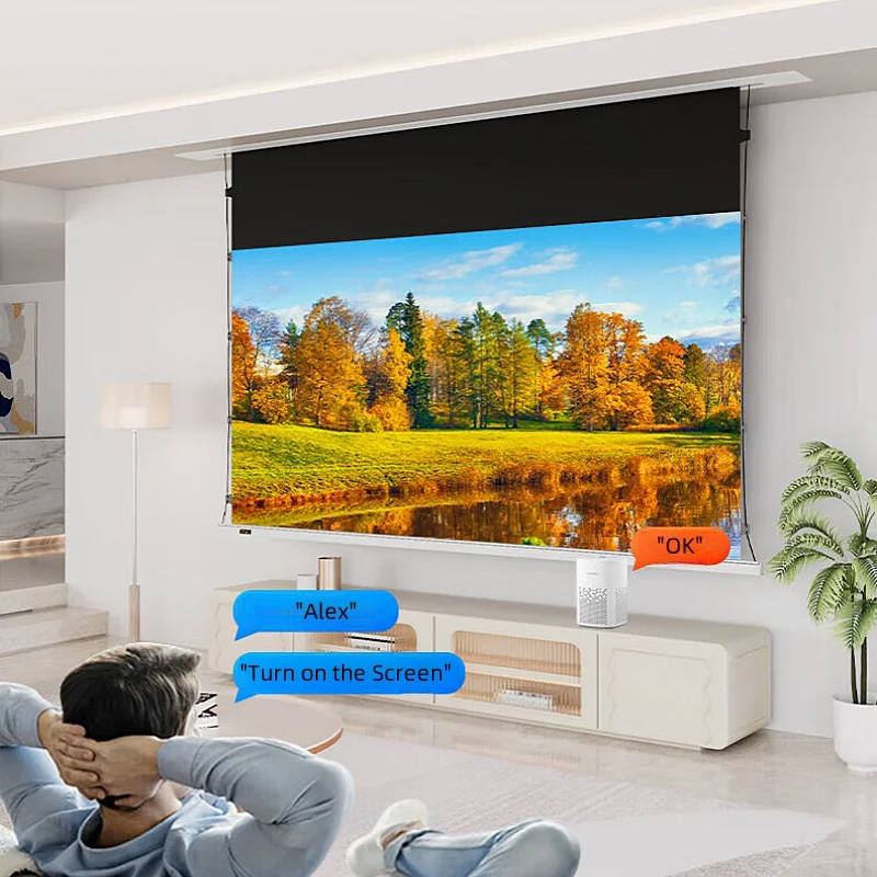 

16:9 Motorized Ceiling Recessed Tab-Tensioned Projector Screen With 4K/8K Premium Fresnel Long Throw ALR Ambient Light Rejecting