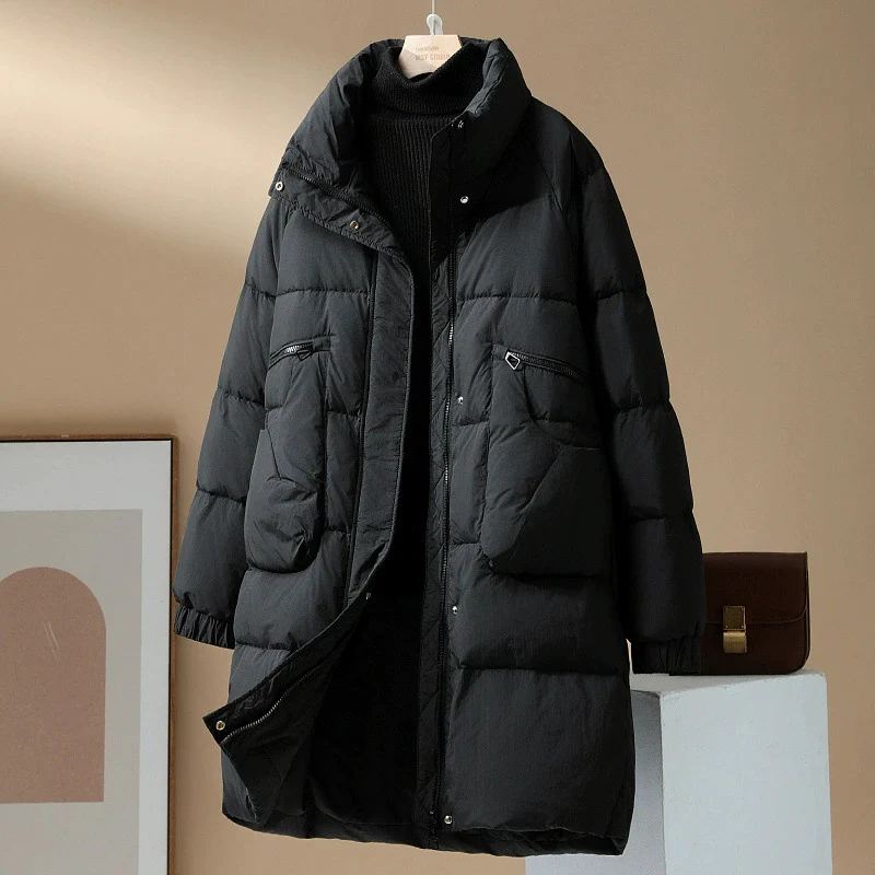 Schinteon feminino pato branco para baixo jaqueta longa gola outono inverno quente grosso outwear estilo coreano casaco 2025 nova moda