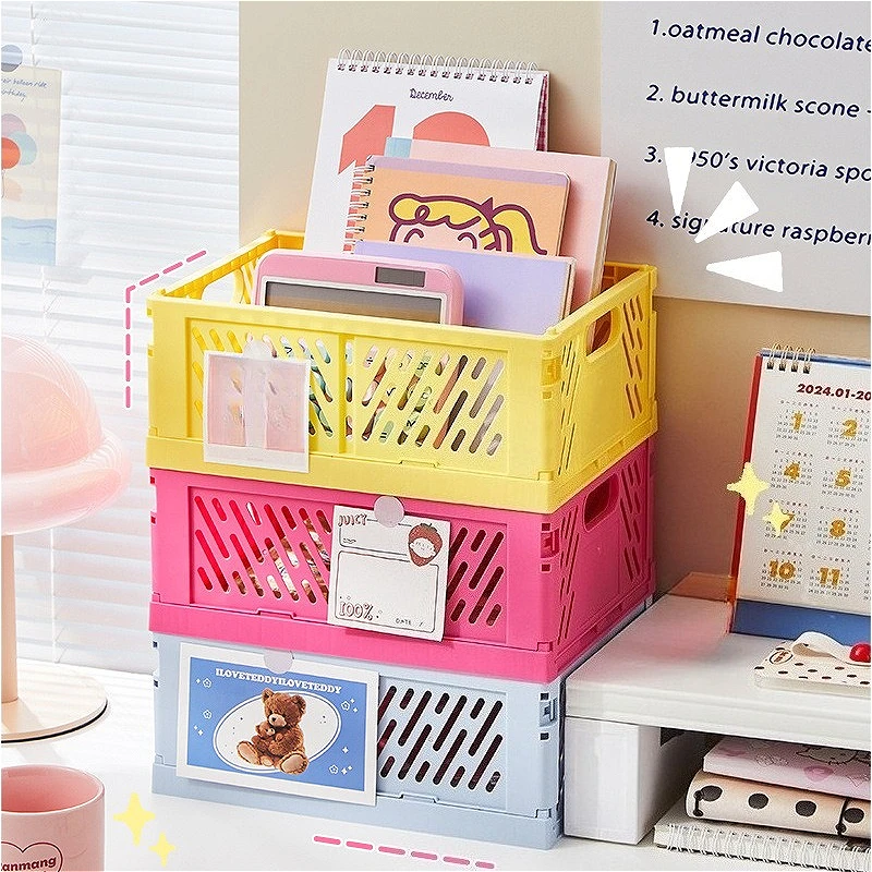 

Dopamine Color Foldable Plastic Picnic Basket, Collapsible Storage Bin for Kitchen Bathroom Home Organizer