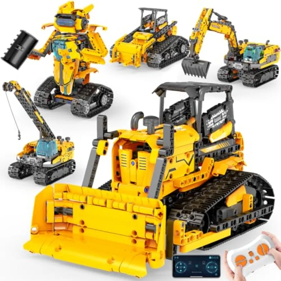 STEM robot building toys for kids 6-12: excavator bulldozer crane; ABS plastic; blue-red-gray; app remote control 736PCS educat