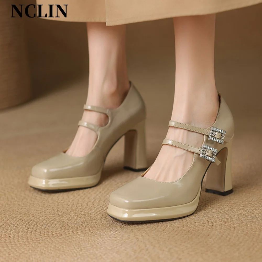 

Sexy Apricot High Heels Platform Pumps For Women Fashion Double Buckle Strap Square toe Wedding Banquet Party Shoes Size 39