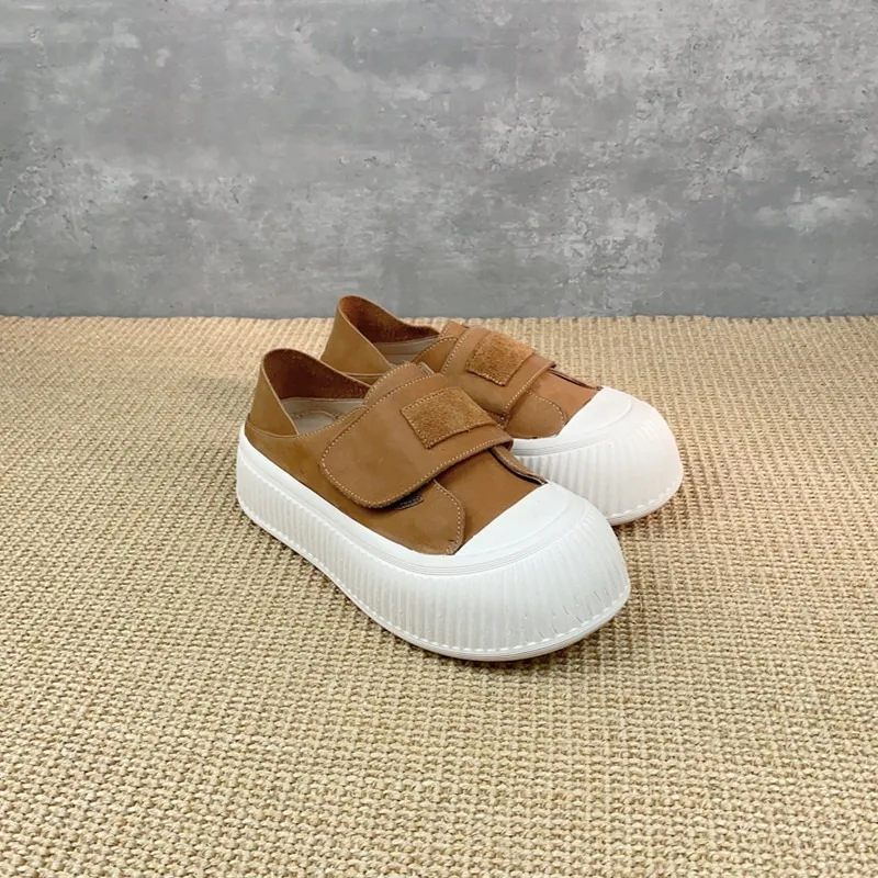 Birkuir Genuine Leather Flat Platform Women Shoes Hook Loop Soft Soles Shoes Round Toe Thick Heel Luxury Casual Boat White Shoes