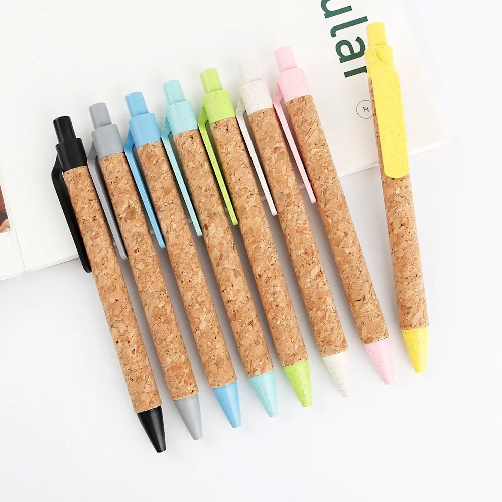 100Pcs Environmentally friendly biodegradable wheat straw Ballpoint pen patterned paper tube cork pen advertising ballpoint pens