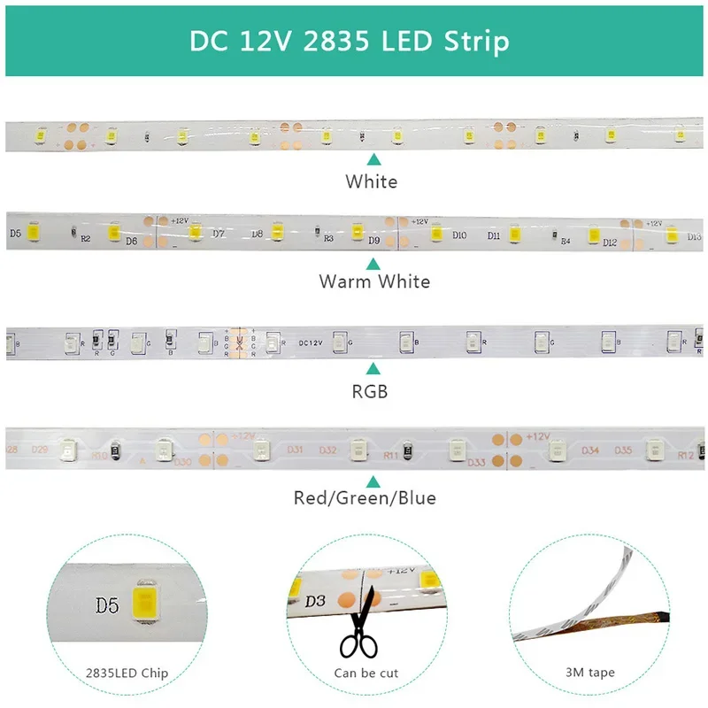 Bande Lumineuse LED Étanche et Flexible pour Décoration de Chambre, Blanc, Chaud, Rouge, Vert, Bleu, RVB, SMD2835, 12V, 5m, 300