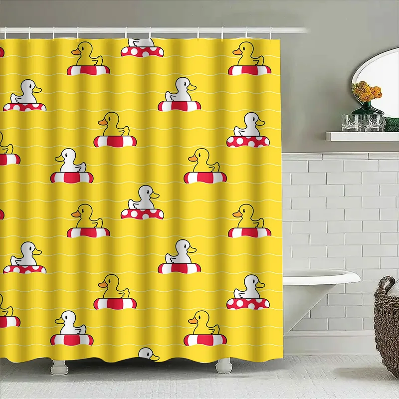 

Bright Yellow Rubber Duck Shower Curtain Waterproof Fabric Design for Kids Bathrooms Decor, Red White Lifebuoy Pattern Home Bath