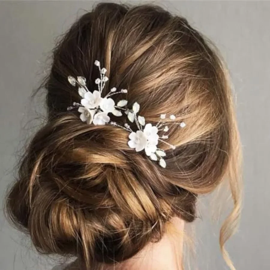 

Wedding Bridal Hair Pins Bride Flower Pieces Rhinestone Pearls Accessories Clip for Women and Girls