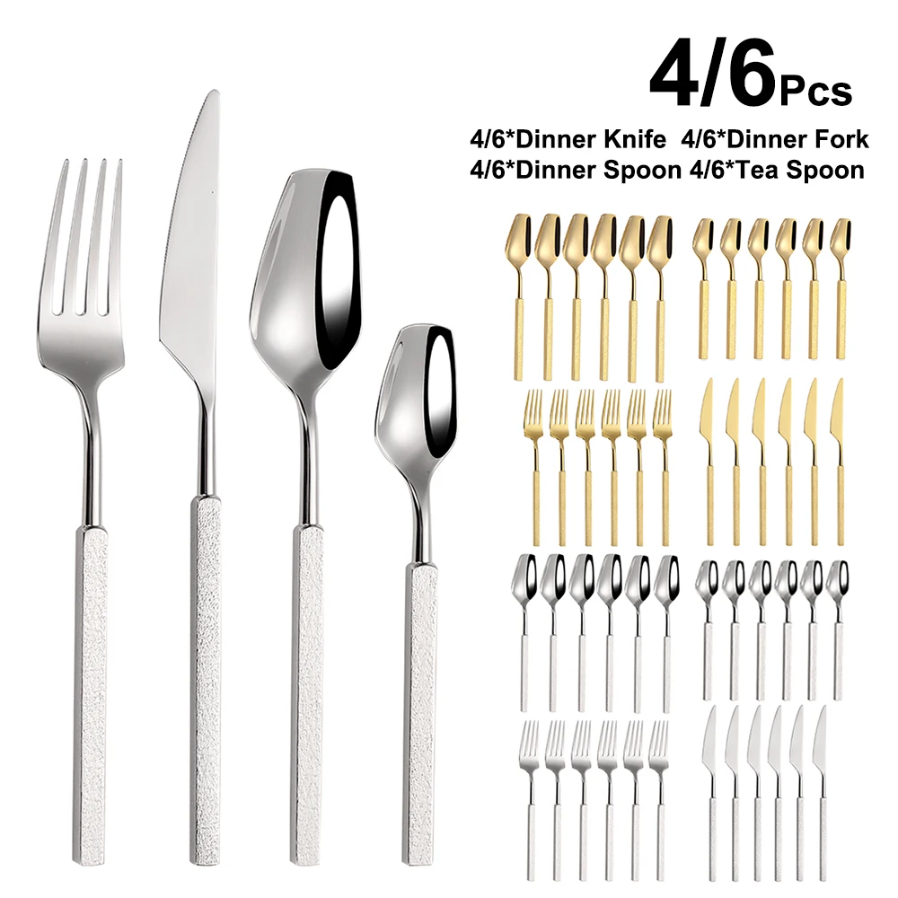 

4/6/12/16/24 шт., золотой набор столовых приборов, нержавеющая сталь 304, посуда, зеркало, серебристый, нож, вилка, ложка, западная кубическая ручка, обеденный набор