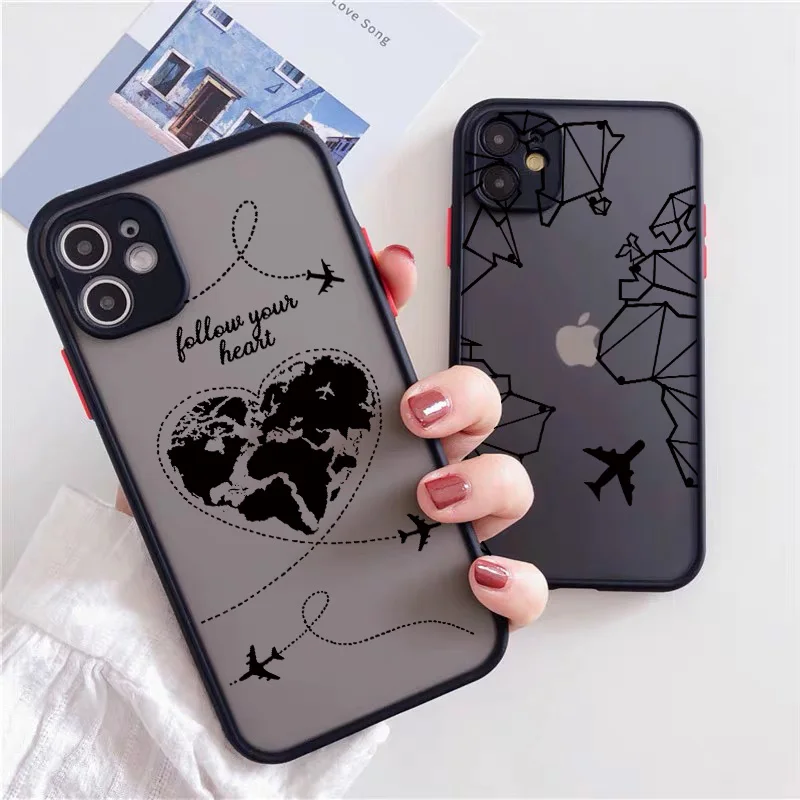 World Map Travel Camera Protection Phone Case For iPhone 11 13 12 14 15 16 Pro Max Mini 7 8 Plus XS XR SE20 Plane Hard PC Cover