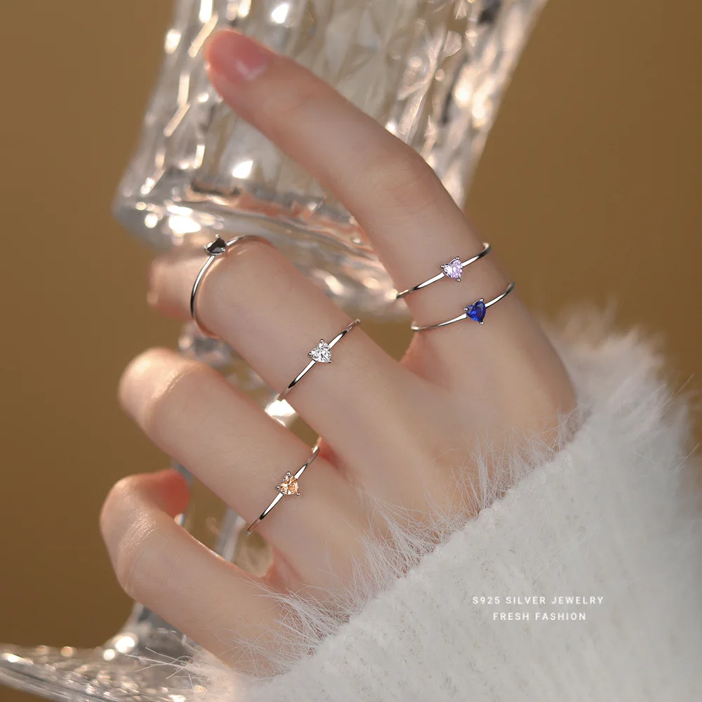 

1pc S925 Sterling Silver Heart-Shape Open Ring Minimalist Style Colorful Cubic Zircon Ring Suitable For Valentine'S Day Jewelry