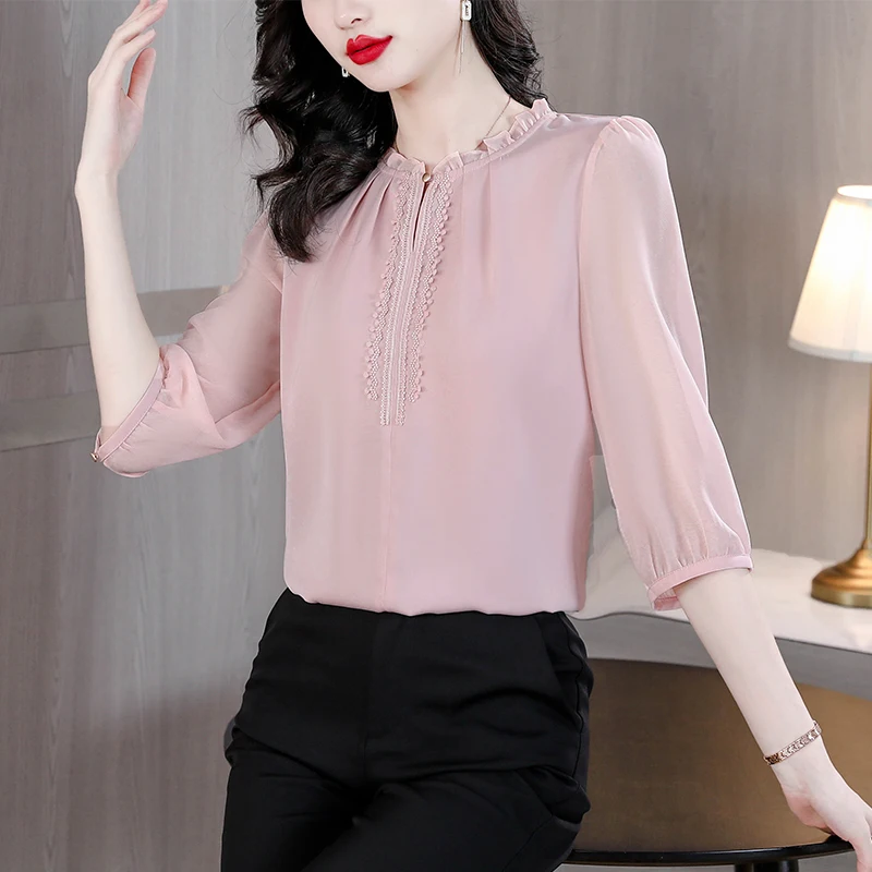 Silk Pink Solid Women\'s Top Chiffon Shirt 2023 Spring/Summer New O-Neck Silk Shirt Breathable Lightweight Shirt Small Shirt