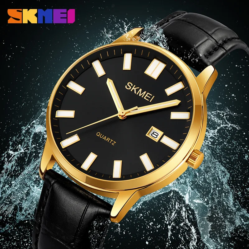 SkmeiМужские круглые мужские повседневные часы Кварцевые часы Водонепроницаемый кожаный ремень Корейские часы с календарем