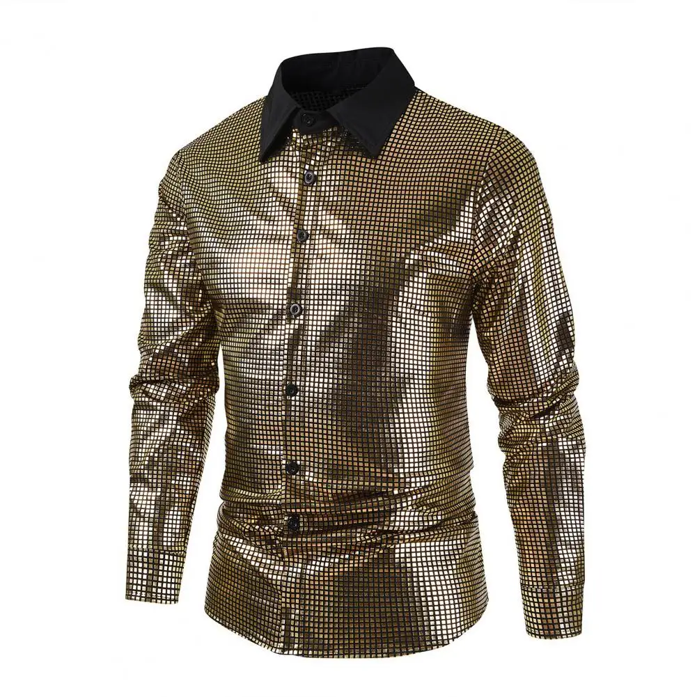 

Men Long Sleeve Sequin Shirt Vibrant Sequin Lapel Men's Dance Shirt Slim Fit Colorful Stripe Long Sleeve Performance for Club