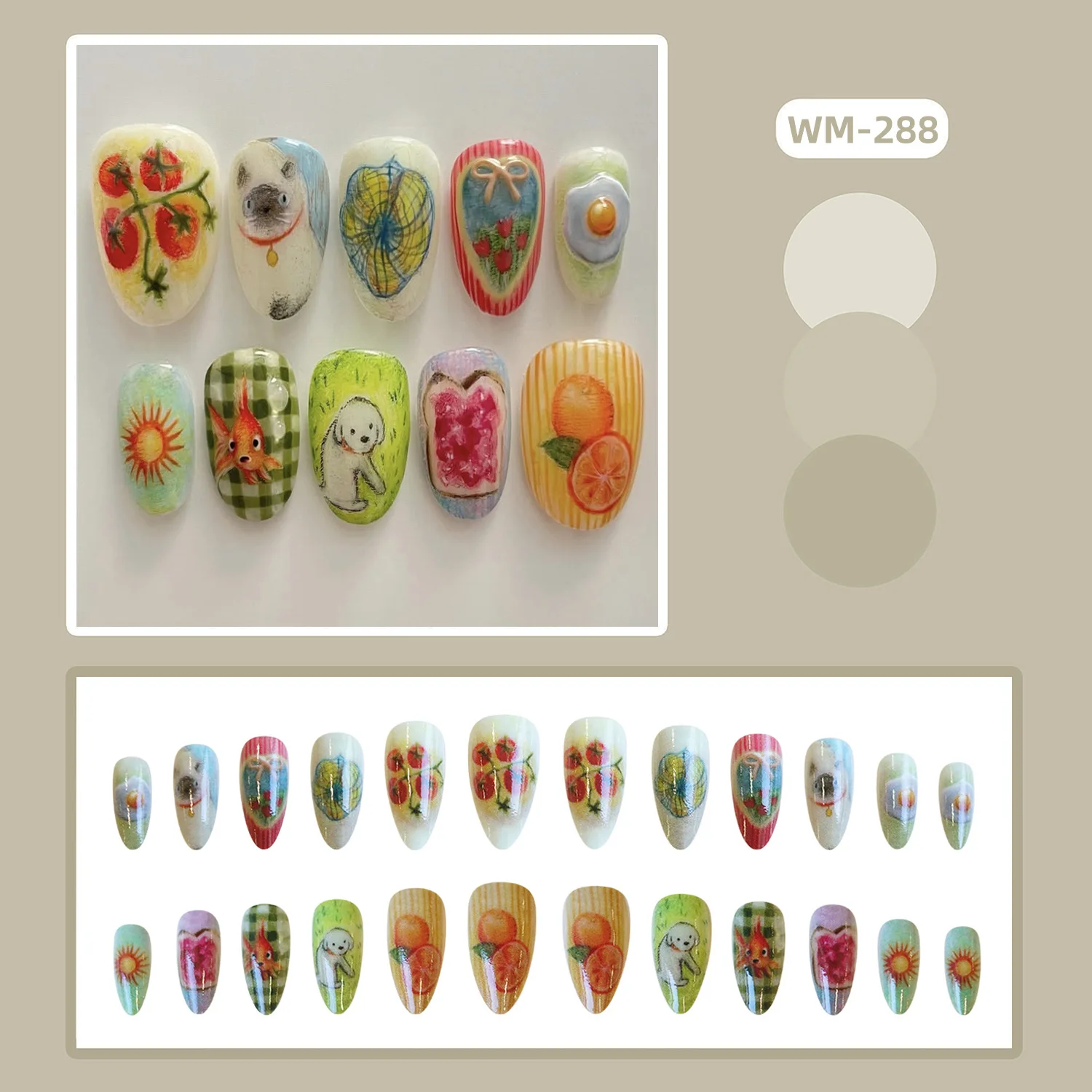 24pcs Cute Pastoral Oil Painting Press On Nails 3D Hand Drawn Animal Fruit Toast False Nail Short Almond Fake Nail for Women