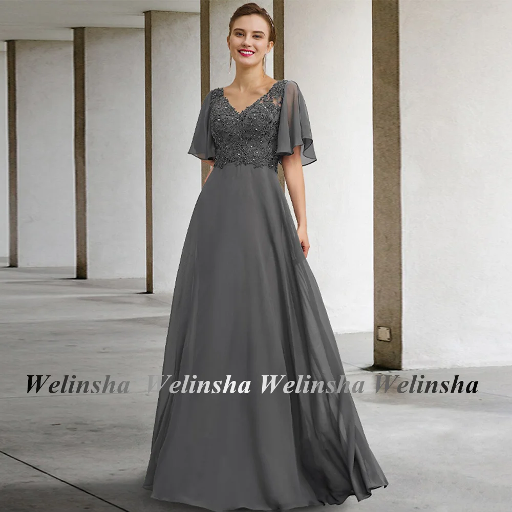 

Gray Mother of The Bride Dress Chiffon Wedding Guest Gown Batwing Sleeves V Neck Beading Applique A Line Women Party Dresses