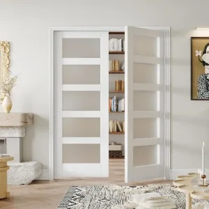 

64" X 80" French Interior Door, 5 Lite Tempered Frosted Glass Panel for Pantry & Bedroom, Double Pre-drilled Holes Slab Doors