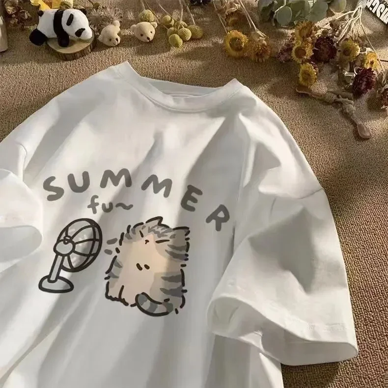 

Summer Korean Fashion Street Creative Blow Fan Cat Printing T-shirt for Women Men Comfortable Short Sleeve Couple Clothes