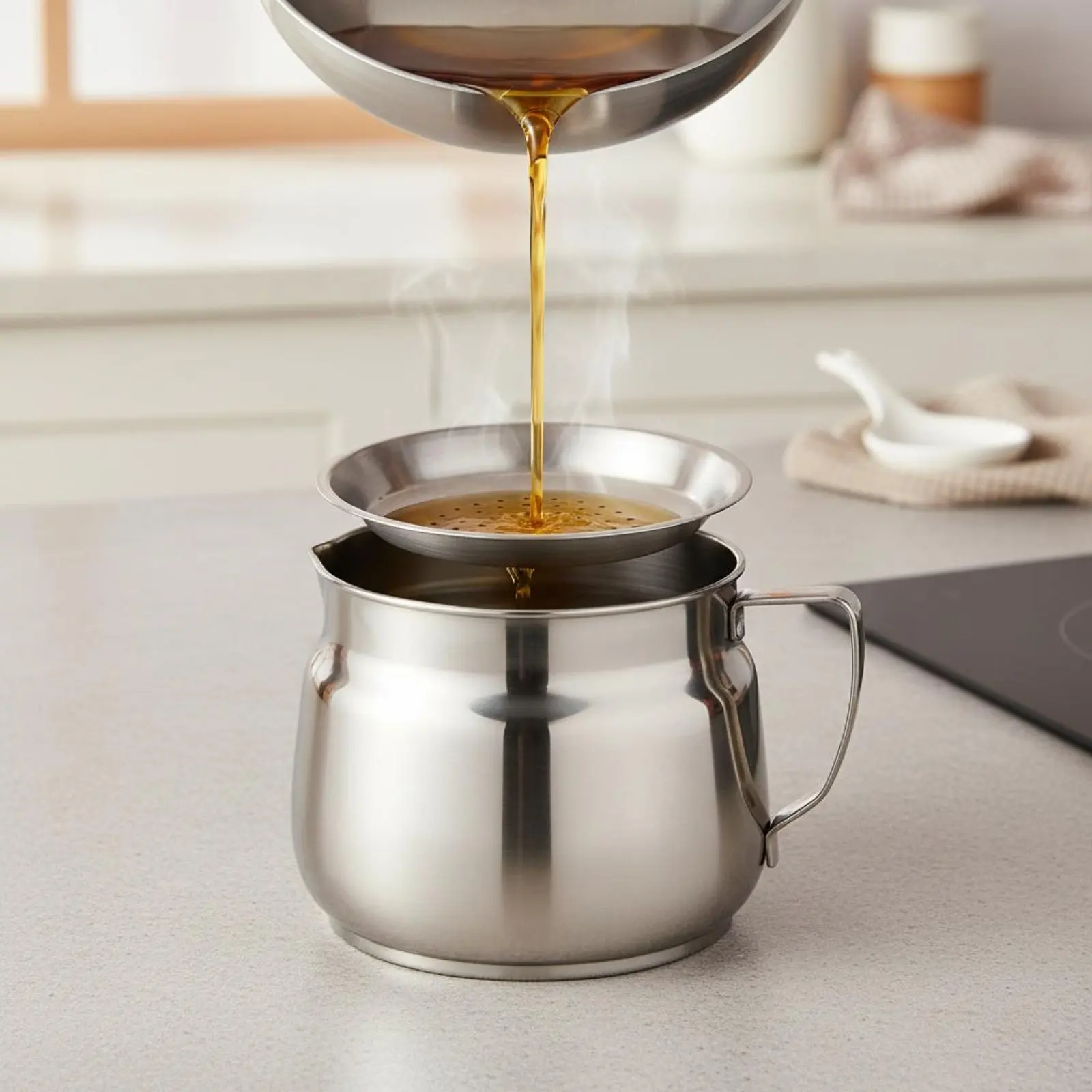 Oil Strainer Pitcher Large Capacity Stainless Steel Oil Pitcher Grease Keeper Can Wide Mouth Kitchenware Easy to Clean