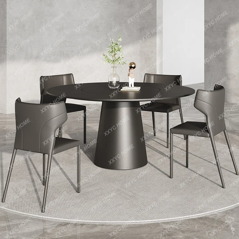 round Stone Plate Dining Table with Embedded Turntable Pure Black round Table Small Apartment Dining Table and Chair