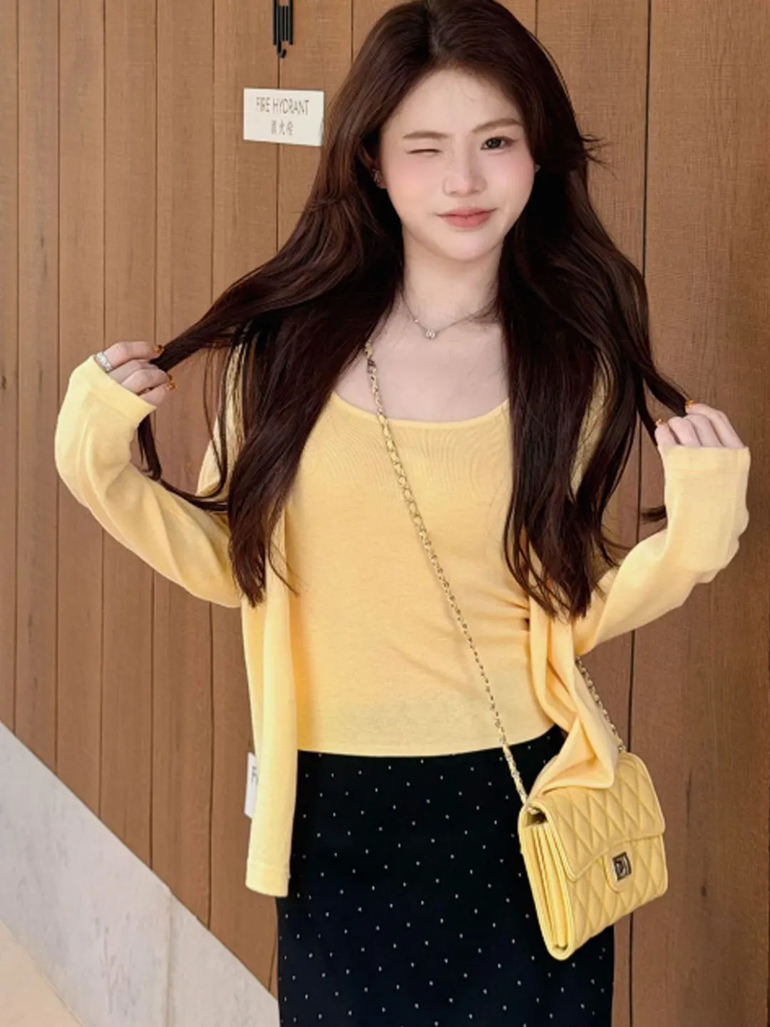 

Yellow Knitted Sun Protection Cardigan And Vest Set Casual Style Spring Summer Fashion Two-Piece Women's Clothing Set
