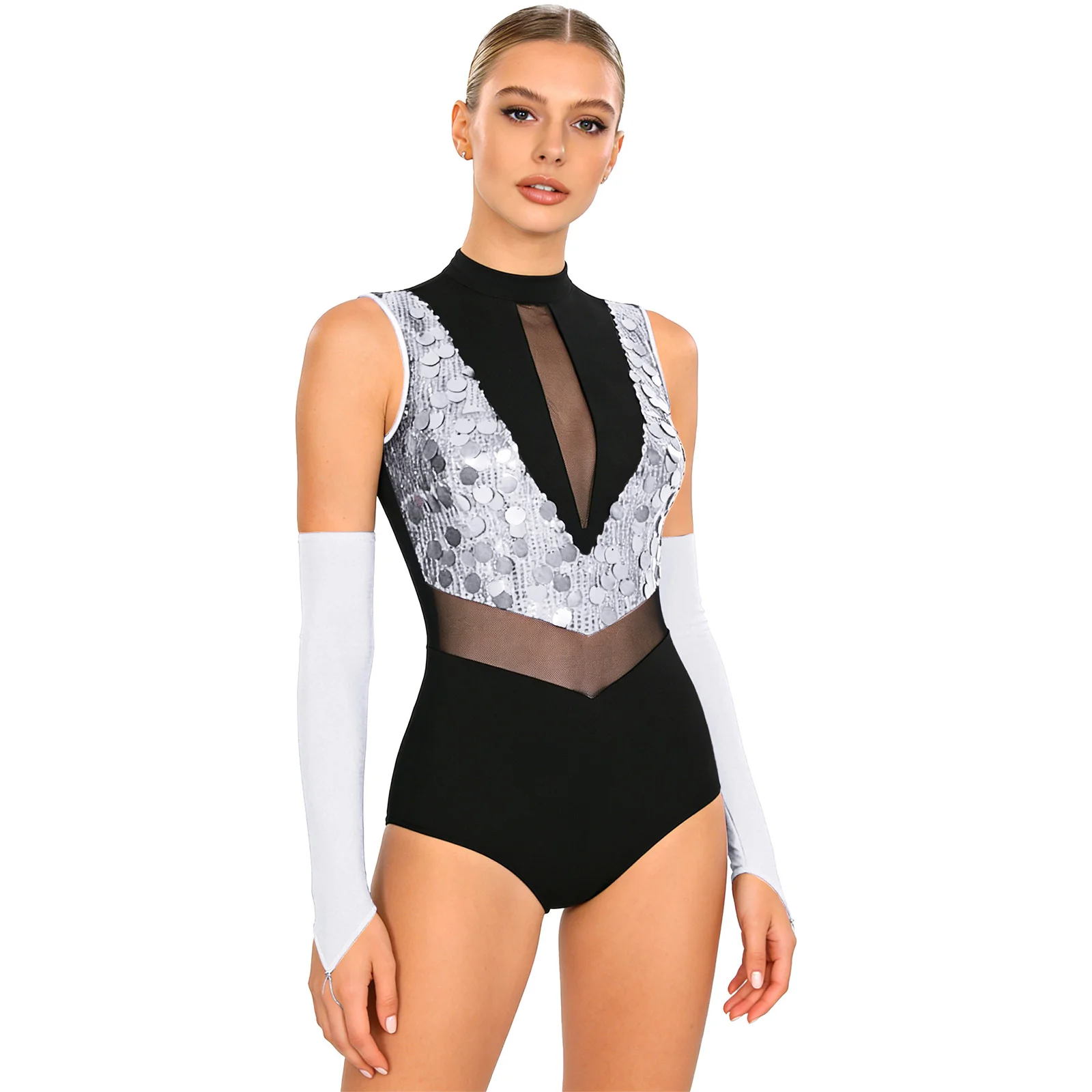 Damski błyszczący kostium do tańca latynoamerykańskiego, jazzu, łyżwiarstwa figurowego, bez rękawów, z przezroczystej siateczki, trykot gimnastyczny z rękawiczkami, odzież do tańca nowoczesnego.