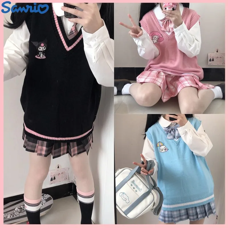 Sanrio piękny Kuromi moja melodia Cinnamoroll sweter z wełny V-neck kamizelka kamizelka Student jesień zima Kawaii garnitur odzież damska