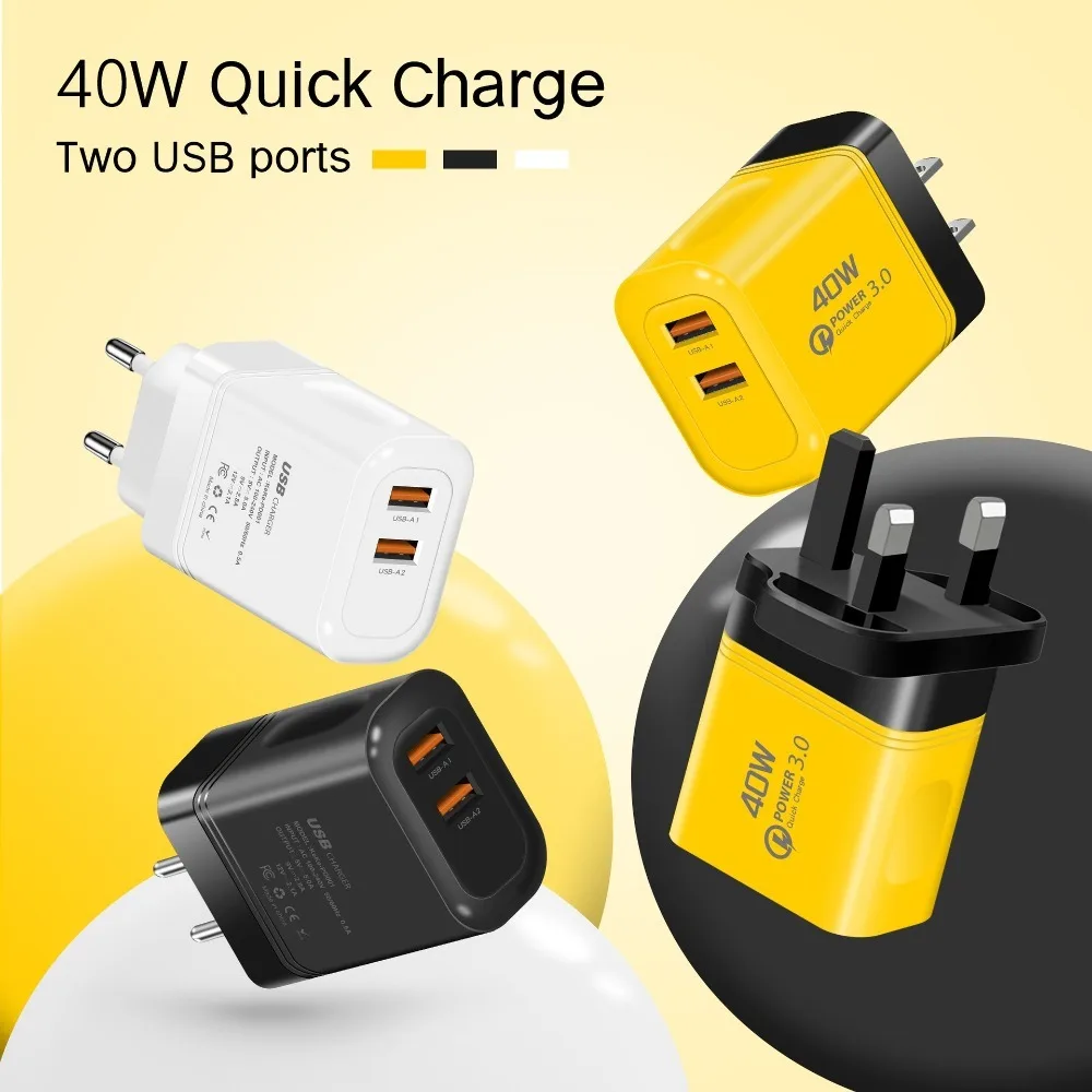 

2USB 40W Charger Plug QC3.0 EU/US/UK Phone Charger Adapter USB A Fast Charging Quick Charge Adapter for iPhone/Xiaomi/Samsung