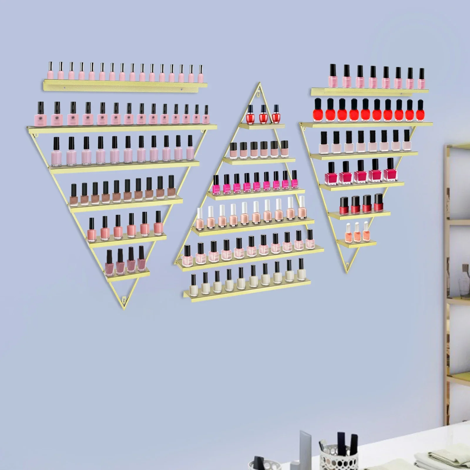 

Elegant Gold Wall-Mounted Nail Polish Rack - Set of 6 Triangular Cosmetic Display Stands, Suitable for Essential Oil Bottles