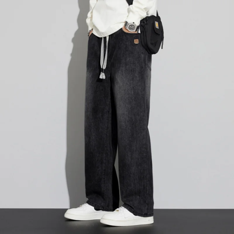 Vaqueros de pierna recta de ajuste regular para hombre, pantalones vaqueros informales con cordón y cintura elástica, pantalones vaqueros ligeros de carpintero