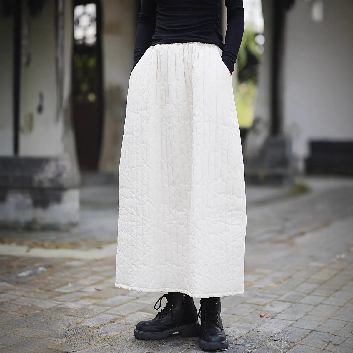 

Original Vintage Harajuku Cotton Skirt Women's Quilted Cotton-Lined Thicken Autumn Winter Midi Skirt White Black Y2k Clothes
