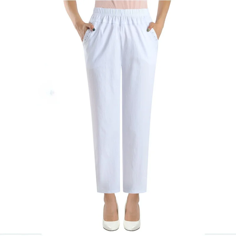 

2022 Middle Aged Women Spring Summer Cropped Pants Thin Elastic High Waist Loose Mother Casual Solid Baggy Ankle-Length Trousers