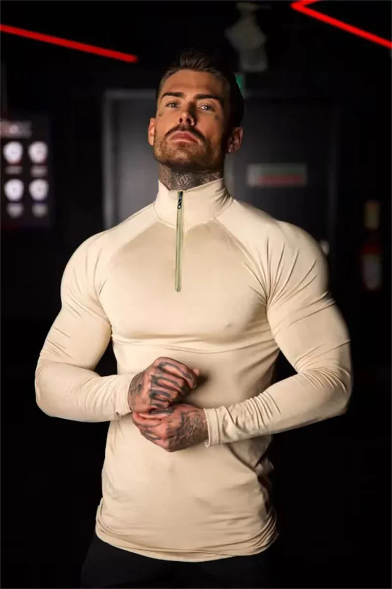 الرجال سترة اللياقة البدنية ضغط تي شيرت عادية تشغيل مطاطا كم طويل بلايز نصف البريدي عالية الرقبة ضيق التدريب تي شيرت #4