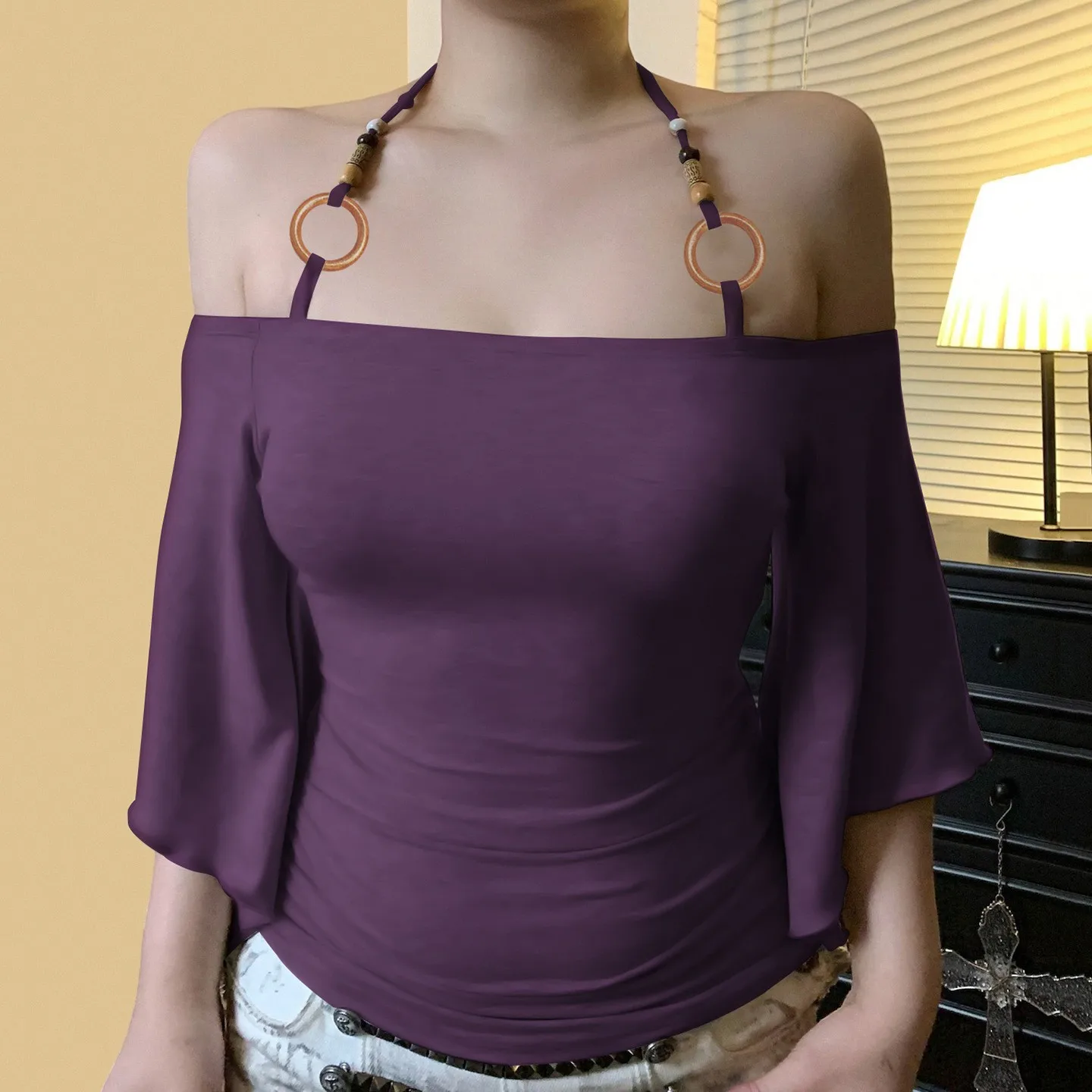 Women Off Shoulder Beaded Tie Neck Batwing Sleeve Blouse Solid Slim Fit Short Sleeve Round Neck Wrinkle Resistant Tank Top