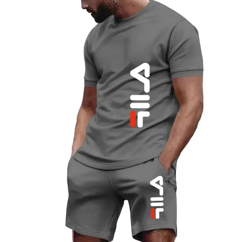 2024 New Men\'s Fitness Fashion Set Men\'s casual sportswear set Quick drying sportswear Short sleeved T-shirt+shorts 2-piece set