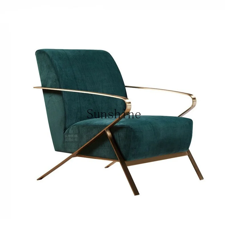 Nordic simple stainless steel light luxury casual fabric velvet dark green sofa chair