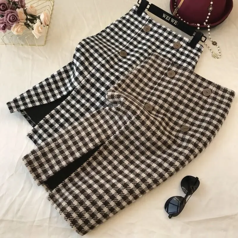 

Autumnb Winter Blend Plaid Midi Pencil Skirts Thickened Retro Sli Hip Pack Houndstooth Split Long Skirt