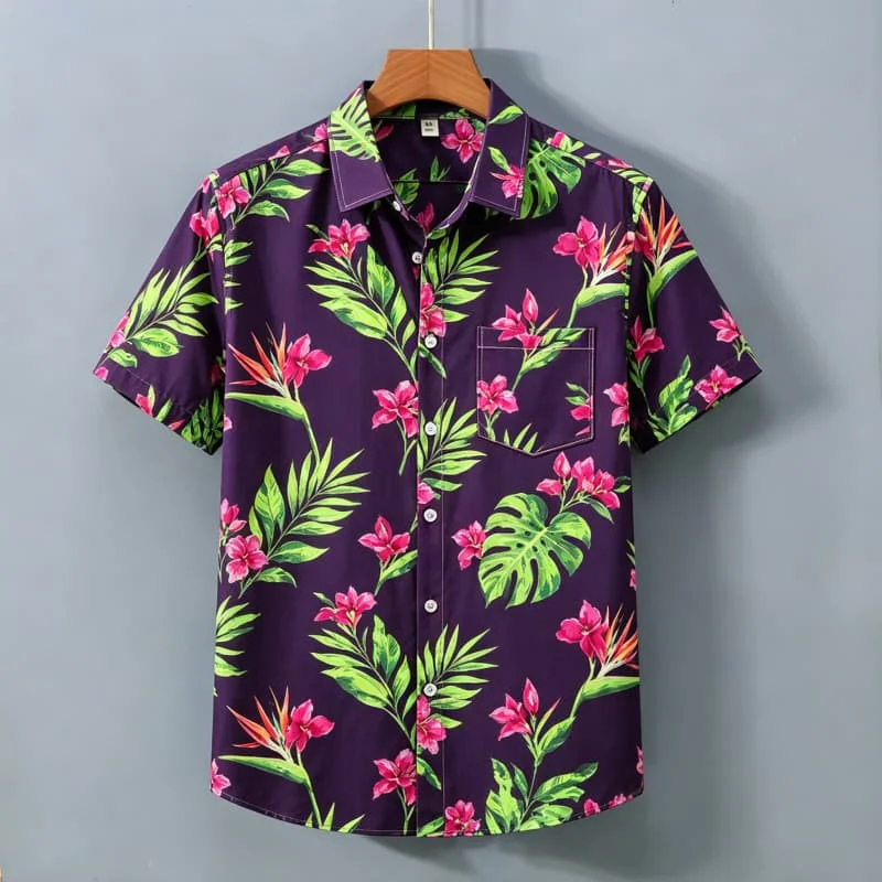 Men's Tropical Plant Floral Printed Short Sleeved Shirt With pockets, For Pool parties, Themed events, And Daily Wear