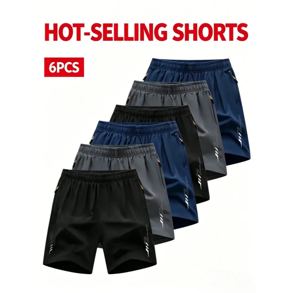 

6-Pack Men's Casual Loose-Fit Quick-Dry Shorts In Black, Gray, Navy, Black, Green, And Beige Elastic Waistband And Drawstring Fitness Training Shorts With Pockets Lightweight Men's Running Shorts