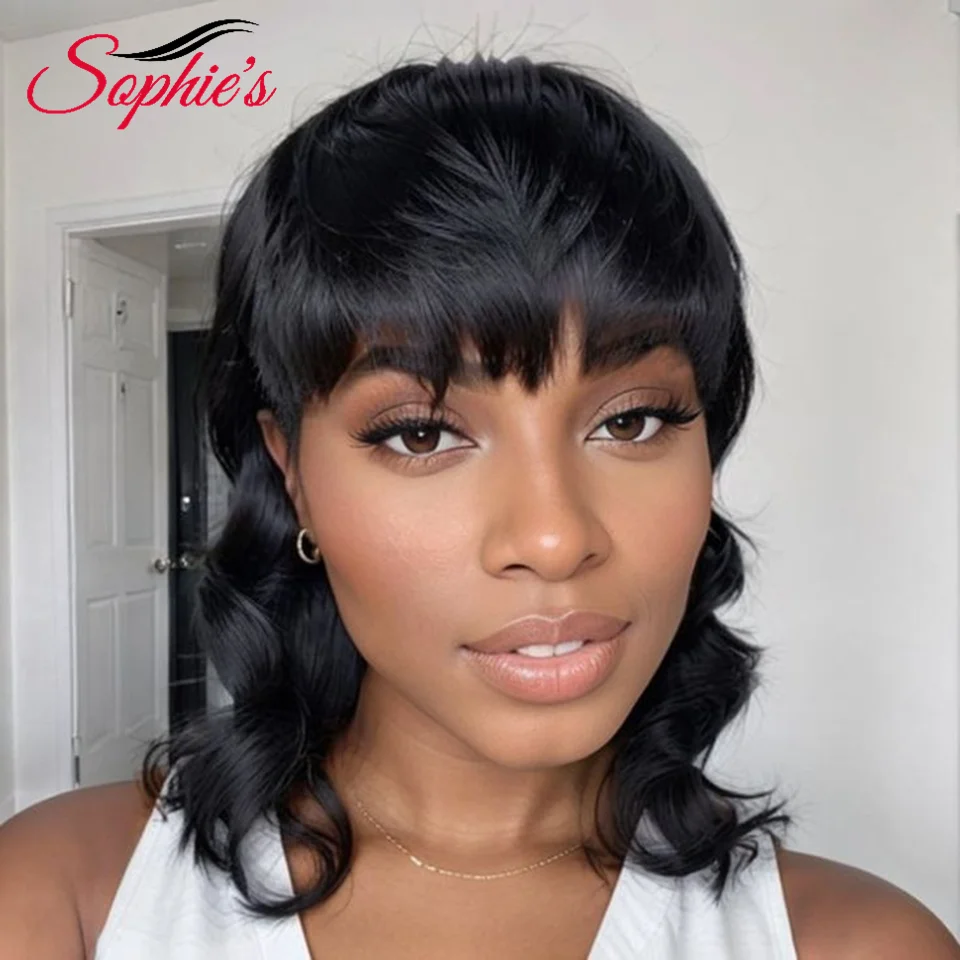 Sophies Human Hair Wig Brazilian Hair Full Machine Made Wig with bangs mullet cut Wig 180% density For Women