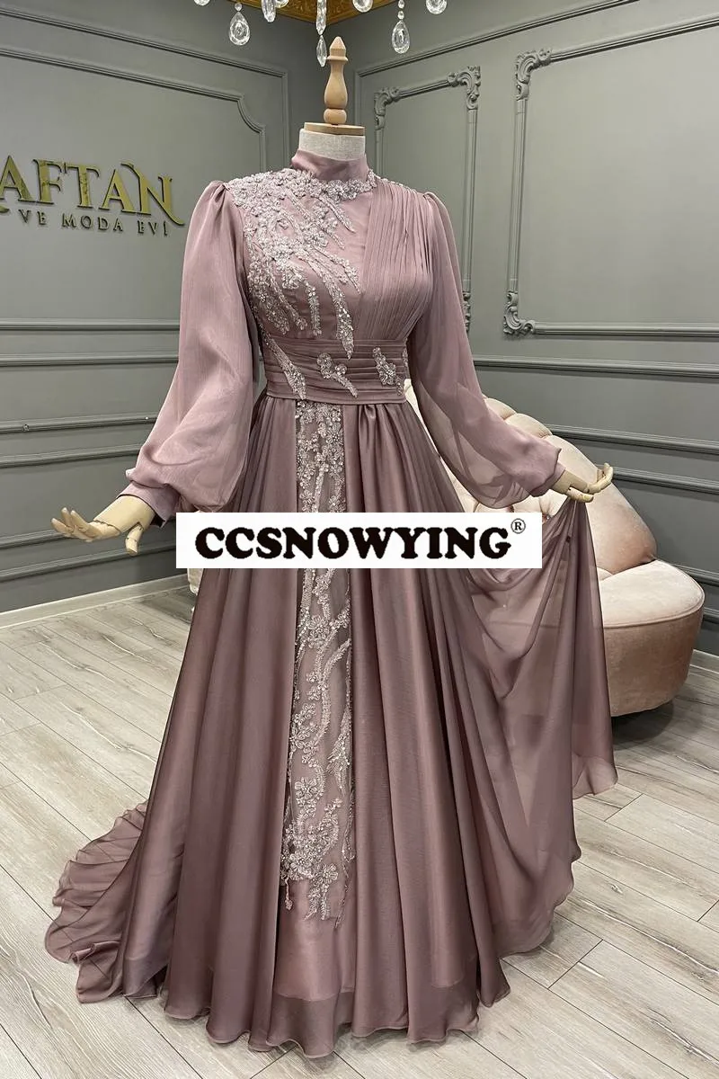 ซาตินชุดราตรีแขนยาวชาวมุสลิมชุดโมร็อกโก Caftan อาหรับดูไบคอ Prom Party ชุดลูกปัด Appliques Robe