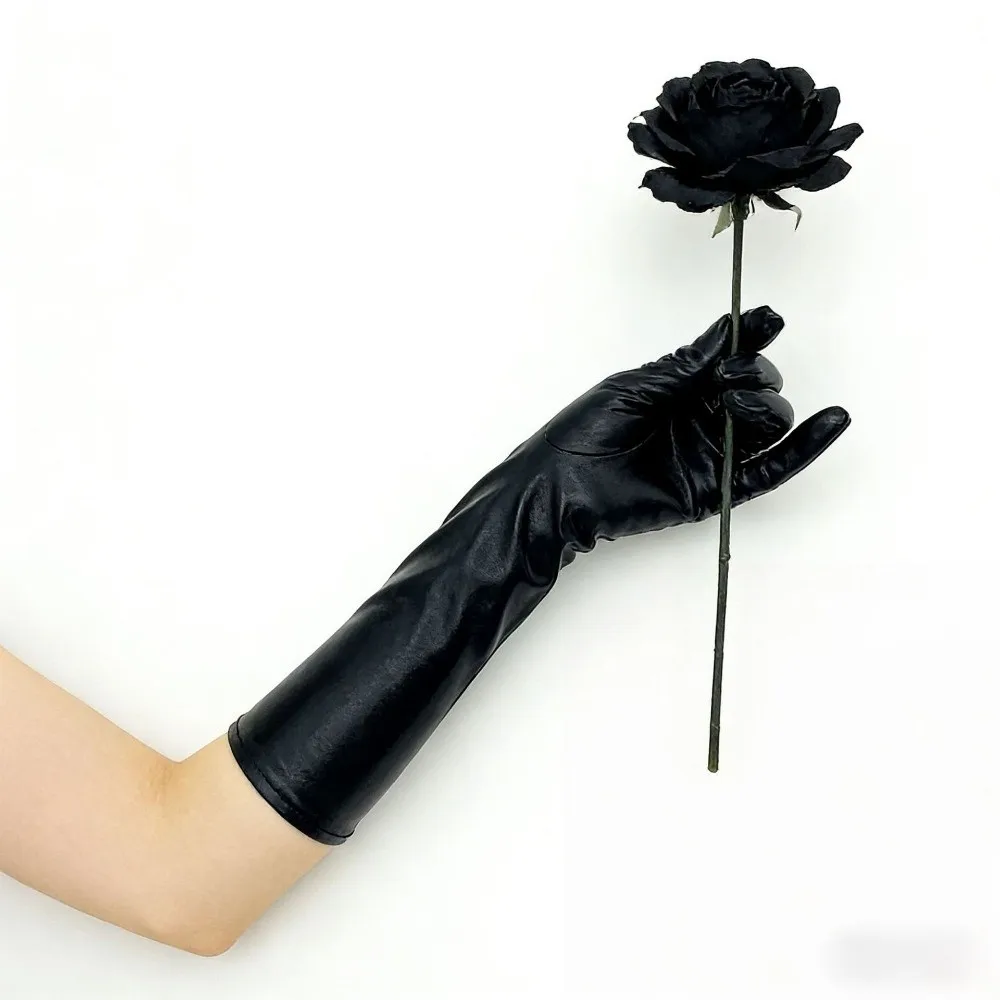 Slim Solid Color Patent Leather Gloves Elastic Cloth Long Gloves Sun Protection Punk Women Mittens Photography