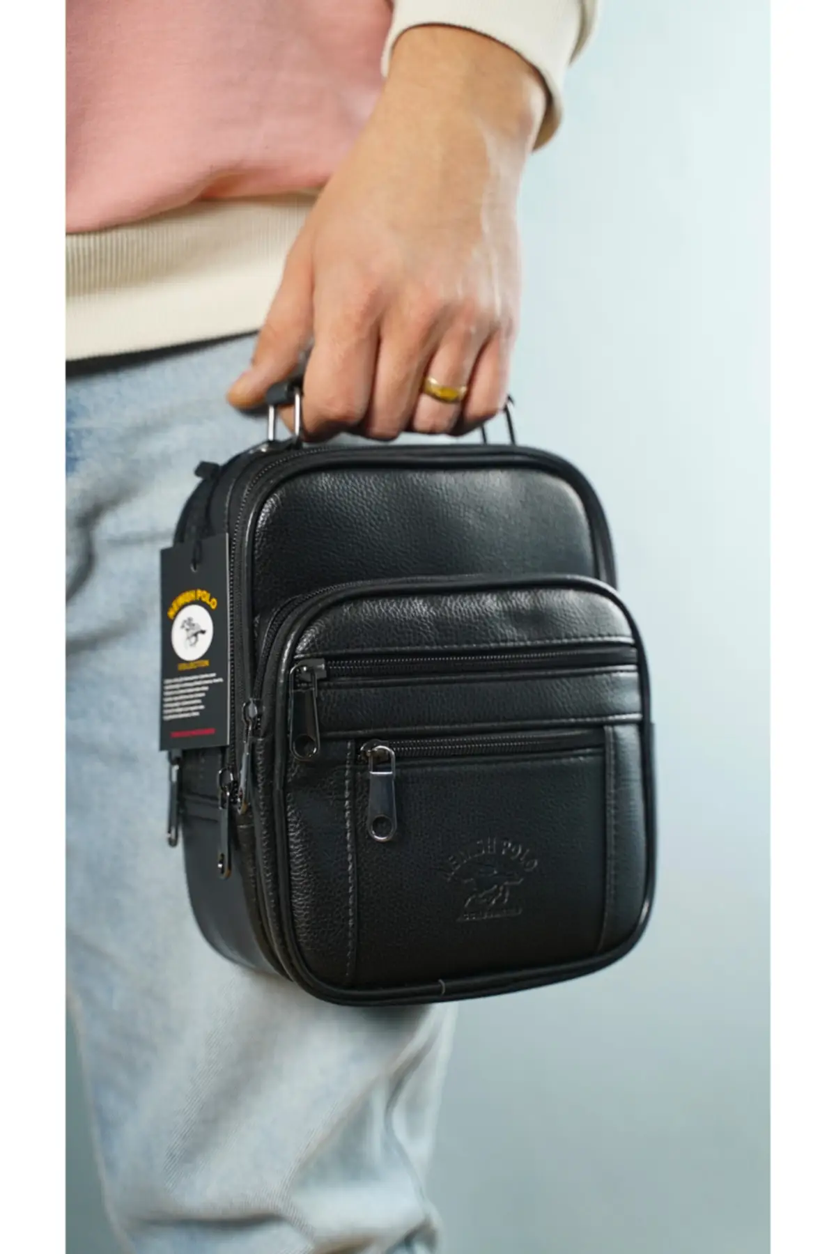 حقيبة كتف جلد سوداء للرجال حقيبة كتف و يد أنيقة مفيدة متعددة الوظائف تسليم سريع وآمن موديل 2022