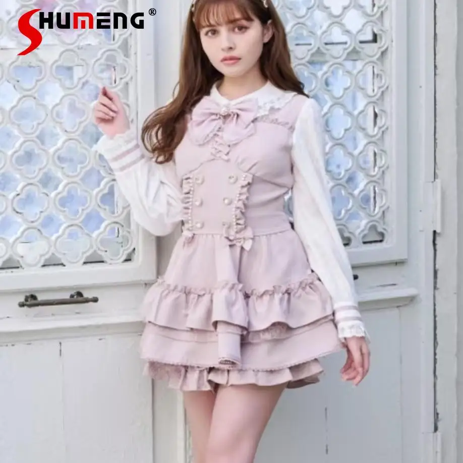 Japanese Sweet Cute Lolita Doll Collar Bow Tie Heart Buckle Lace-up Slim Tiered Mini Dress High Waist Shorts Two-piece Set Women