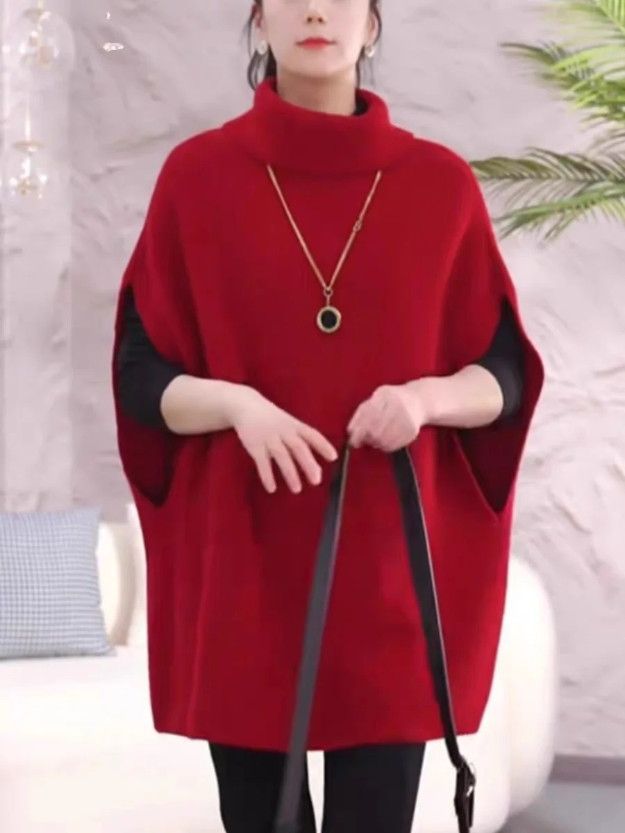 따뜻한 울 니트 하이 칼라 루즈 스웨터 여성용 가을 겨울 패션 출퇴근용 롱 스웨터 중간 길이 베이스 셔츠