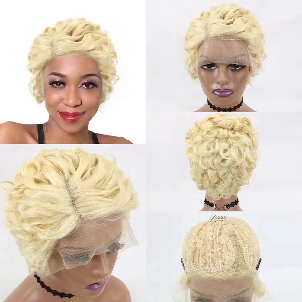 

Short Bob Wig Pixie Cut Wig Multicolor Kinky Curly Human Hair Wig T Part Transparent Frontal Lace Wig for Women Pre Plucked Hair