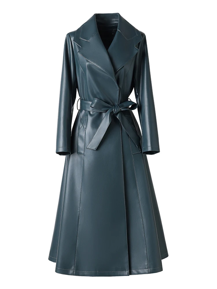   Cappotto in vera pelle Ning da donna, lunghezza media, in pelle di pecora, antivento, primaverile/autunnale, sopra il ginocchio, con cintura, maniche lunghe