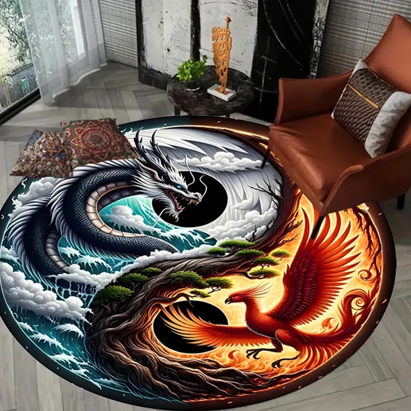 Yin Yang Koi Fish Round Area Rug, Mystic Pisces Circular Floor Mat, Vintage Indoor Home Decor