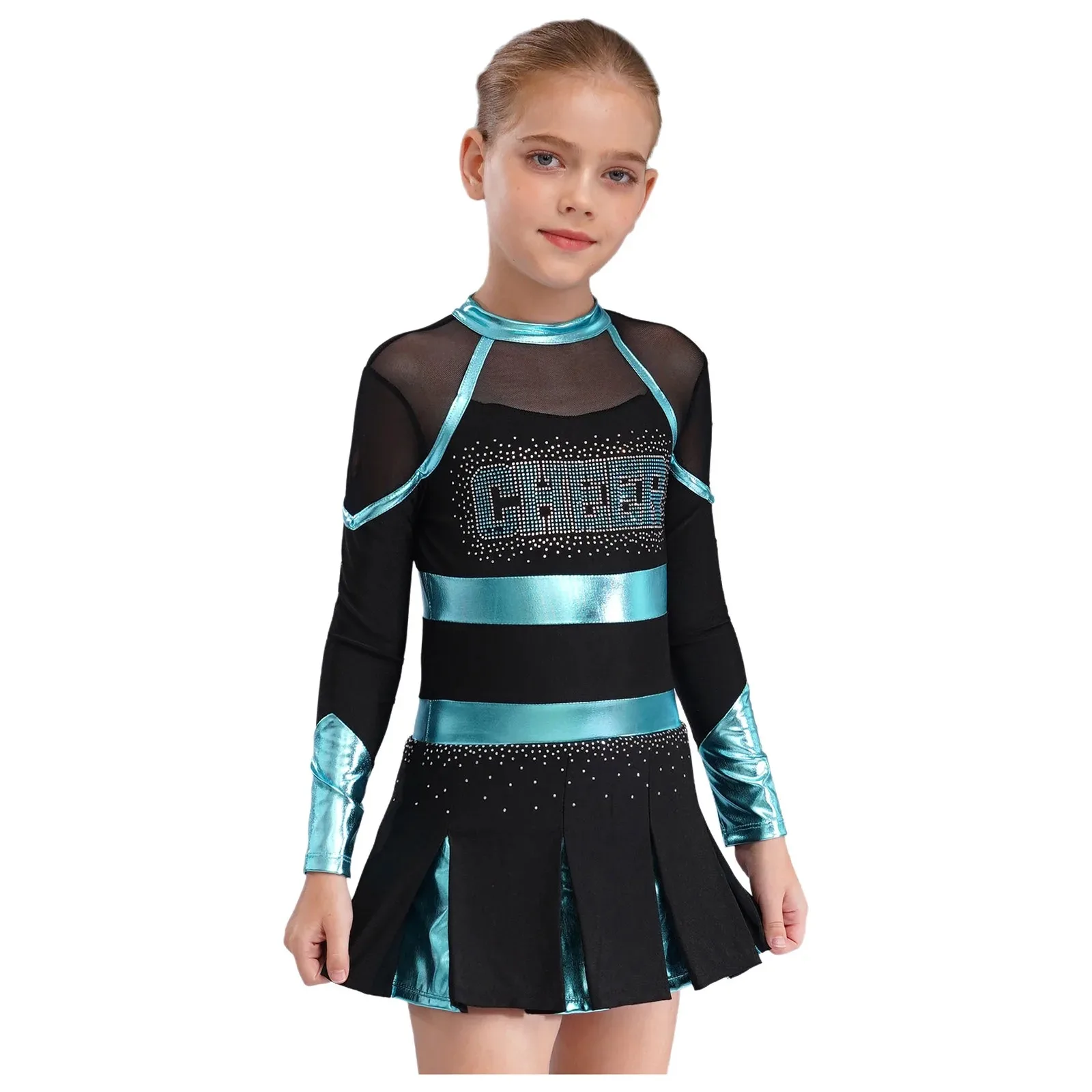 Kinder Mädchen Cheerleading Uniform Cheerleader Tanzkostüm Glitzernde Strasssteine Metallic Plissee Kleid mit 2 Stück Handblumen – Detail 9