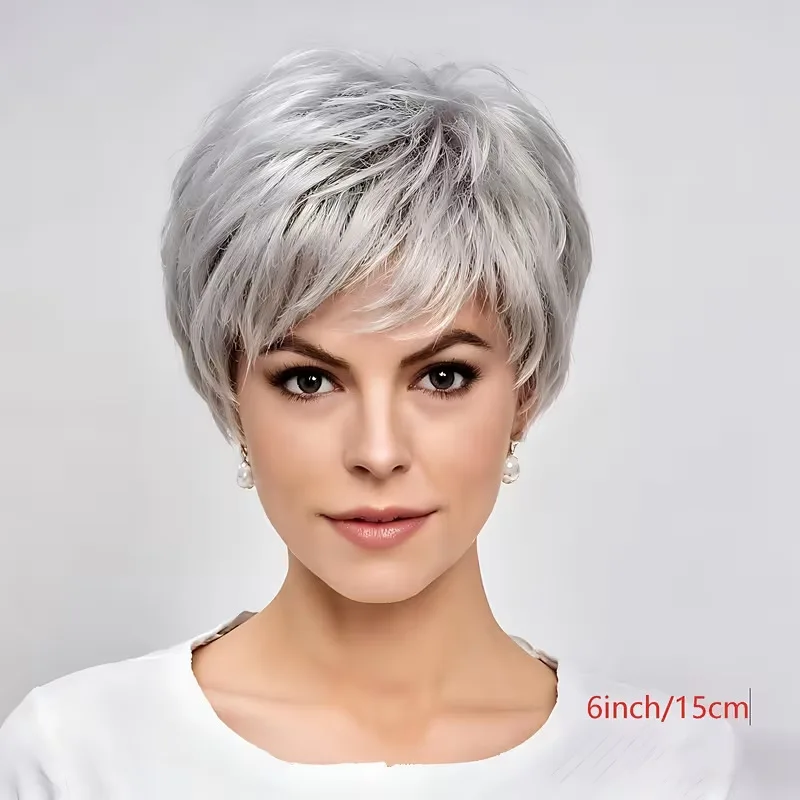 European and American style women's silver-gray wig, layered short hair synthetic headpiece