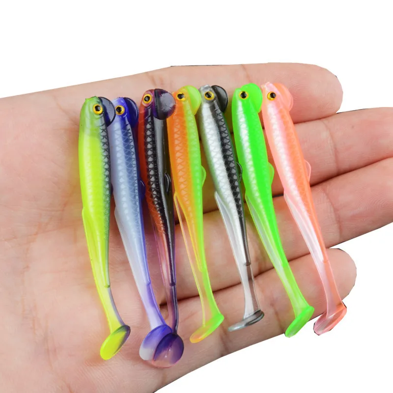 Señuelo de pesca pez colorido ojo 3d cola en T cebo suave 6cm 1,3g señuelos de gusano artificiales Texas Drop-Shot mordedura plataforma de plomo lote 10 piezas - imagen 2