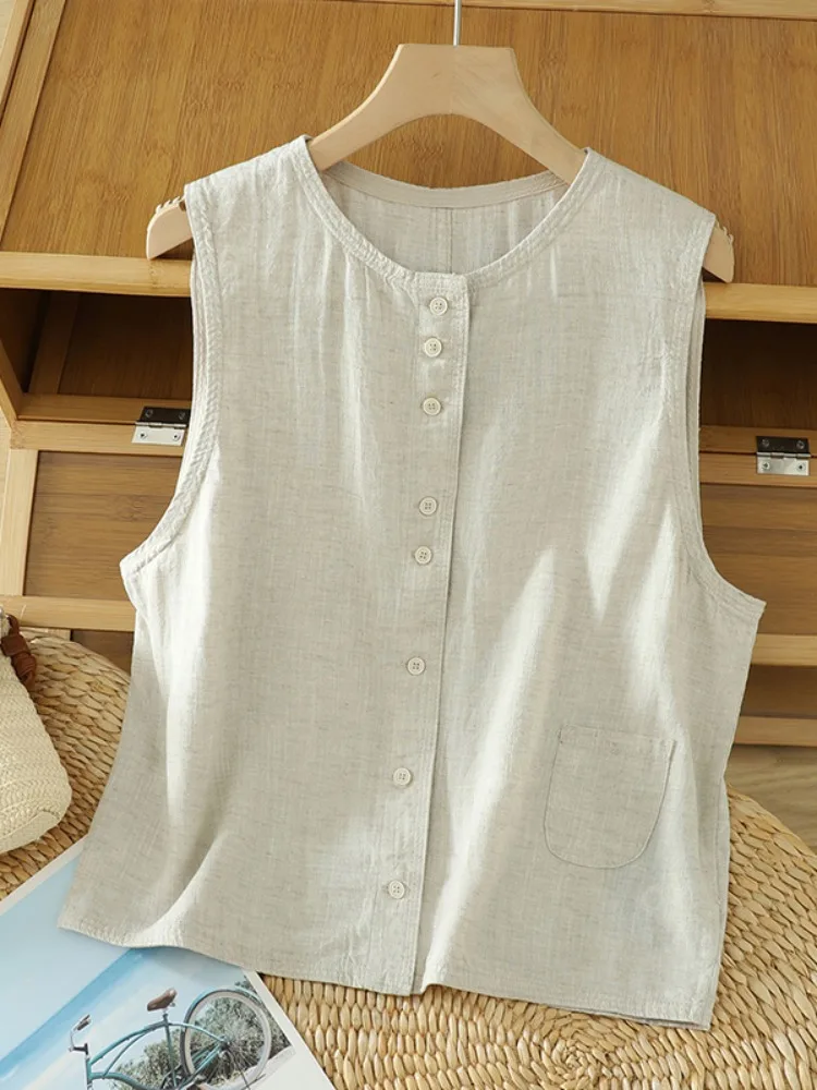 

Повседневная хлопково-льняная майка, женская летняя тонкая круглая майка Ne Svel, открытый кардиган, легкий цвет, для поездок на работу